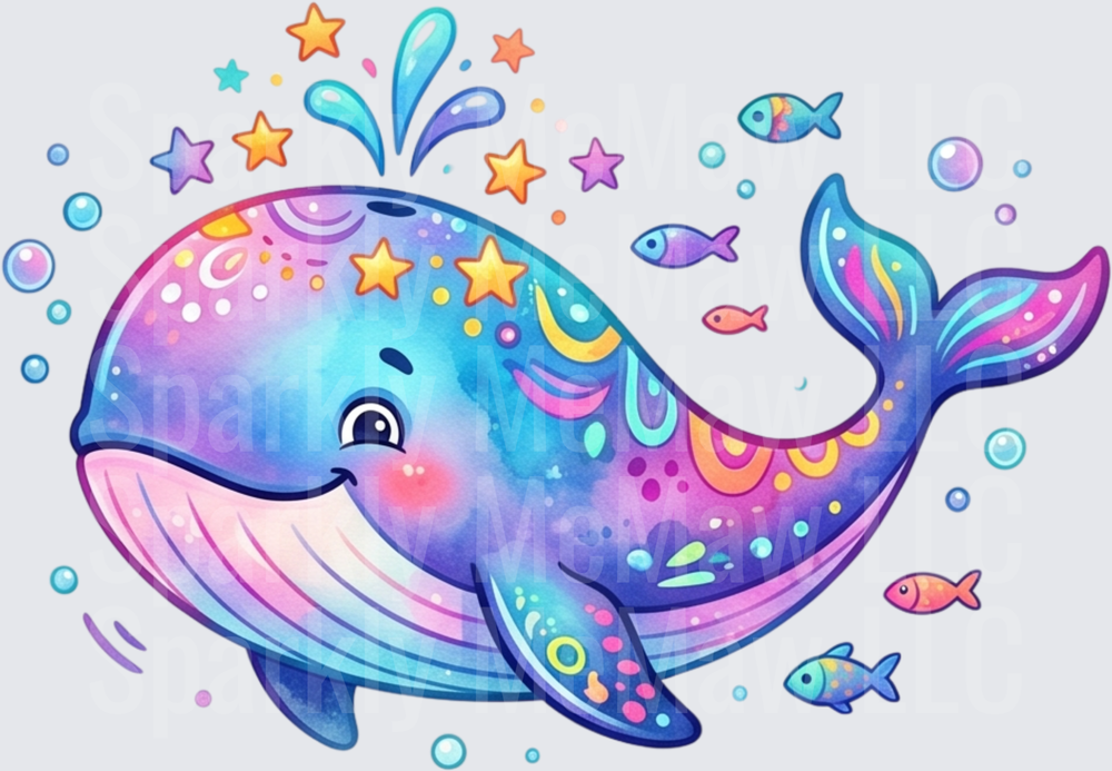Whimsical Rainbow Whale with Stars and Fish Ocean Scene UV DTF Decal