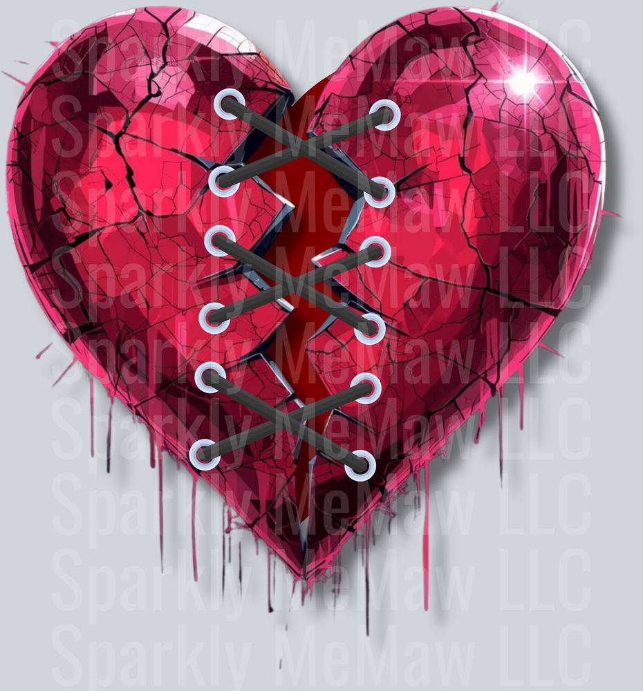 Cracked Heart Laced Together with Black Ribbon Dripping Paint UV DTF Decal