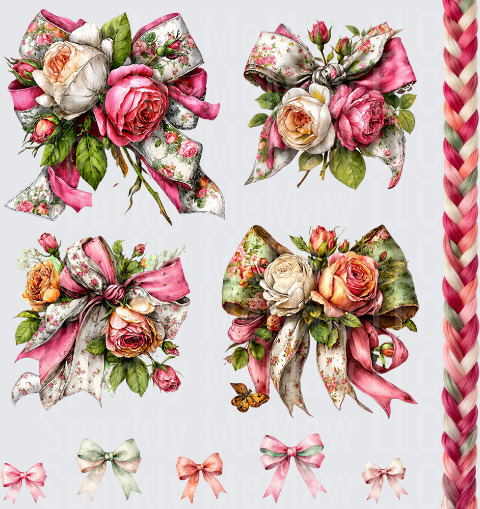 Vintage Floral Rose Bow Bundle this is a 10x10 UV DTF Element Sheet