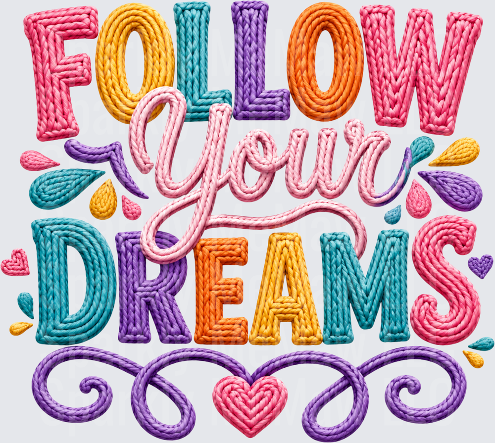 Follow Your Dreams Inspirational Rainbow Rope Text with Heart Swirls UV DTF Decal