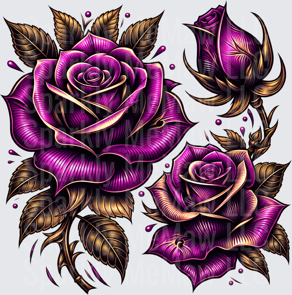 Purple Gold Roses Tattoo Art UV DTF DECAL (HARD SMOOTH SURFACE)