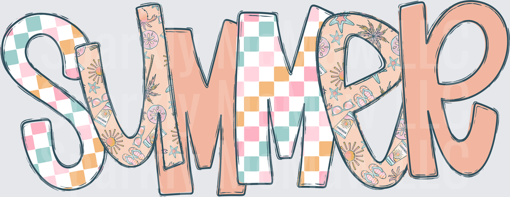 Summer Text with Checkered Pattern and Floral Boho Design UV DTF Decal