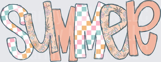 Summer Text with Checkered Pattern and Floral Boho Design UV DTF Decal