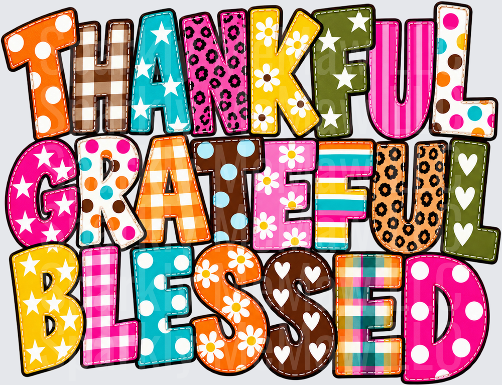Thankful Grateful Blessed Patterned Letters UV DTF DECAL (HARD SMOOTH SURFACE)