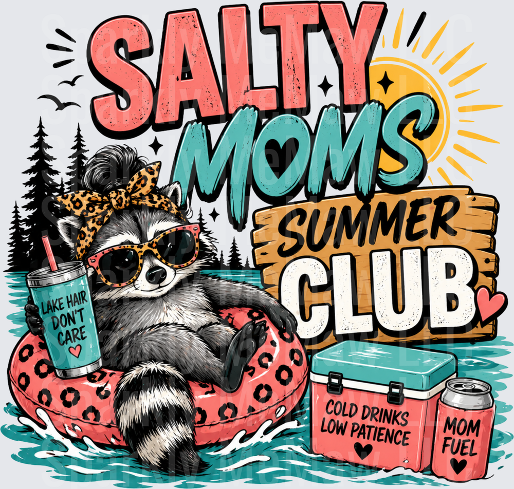 Salty Moms Summer Club Raccoon with Sunglasses and Leopard Bandana Floating on Pool Ring DTF Transfer