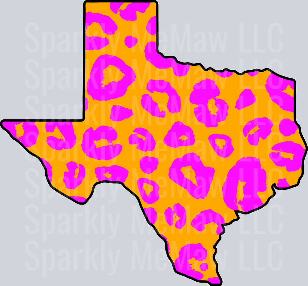 Texas State Silhouette with Orange and Pink Leopard Print Pattern UV DTF Decal
