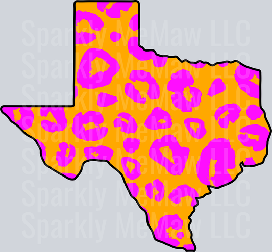 Texas State Silhouette with Orange and Pink Leopard Print Pattern UV DTF Decal