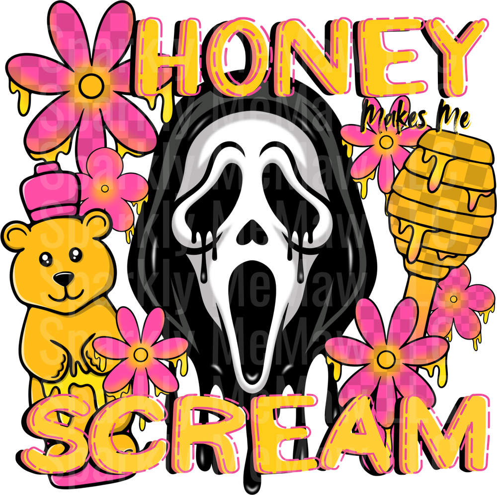 Ghostface Scream Mask Honey Makes Me Scream with Pink Flowers and Teddy Bear UV DTF Decal