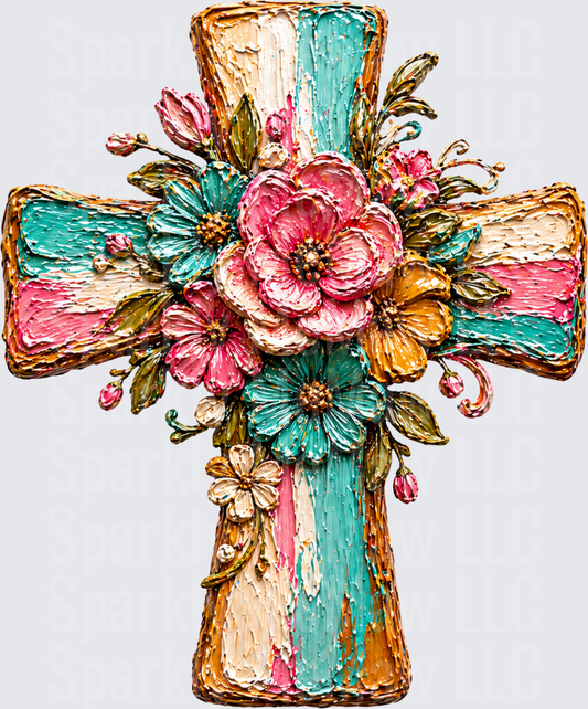 Vintage Floral Cross with Pink Turquoise Orange Flowers UV DTF Decal