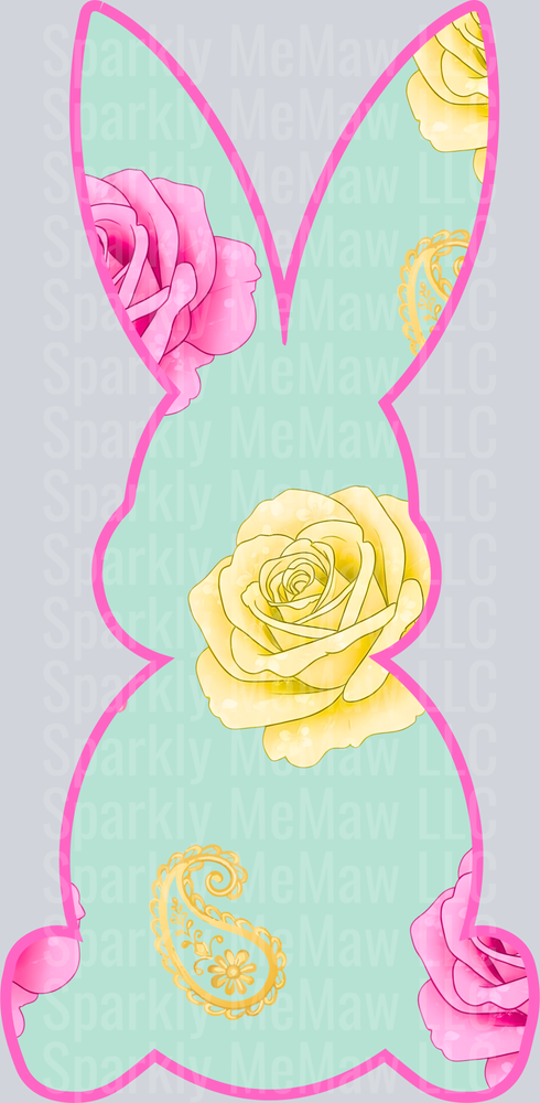 Mint Green Easter Bunny Silhouette with Pink and Yellow Roses UV DTF Decal