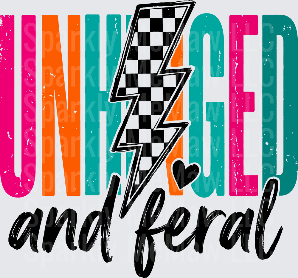 Unhinged and Feral Typography with Checkered Lightning Bolt Heart UV DTF Decal