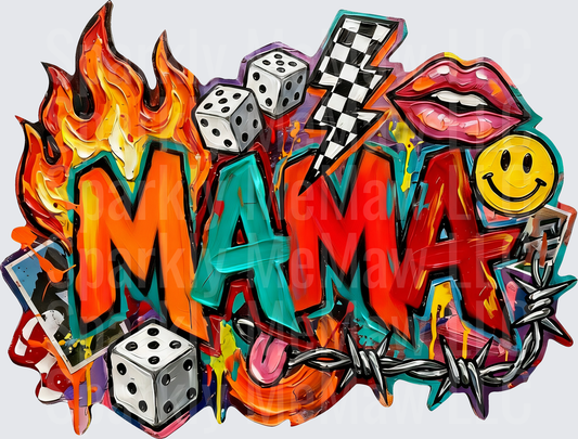 MAMA Graffiti Style Text with Flames Dice Lightning Bolt Lips and Smiley Face UV DTF Decal
