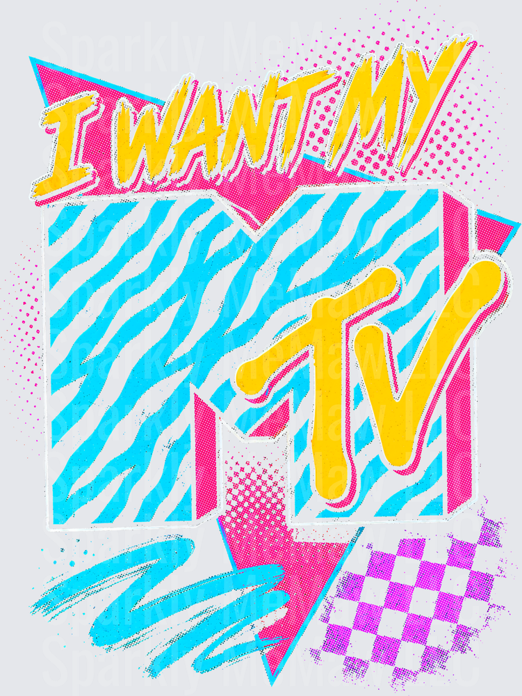 I Want My MTV Retro 80s Logo with Zebra Print Cyan Pink Yellow Geometric Design DTF Transfer for Fabrics
