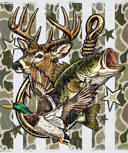 Hunting Triple Threat Buck Bass Duck Camo Stars Fishing Hook UV DTF Decal