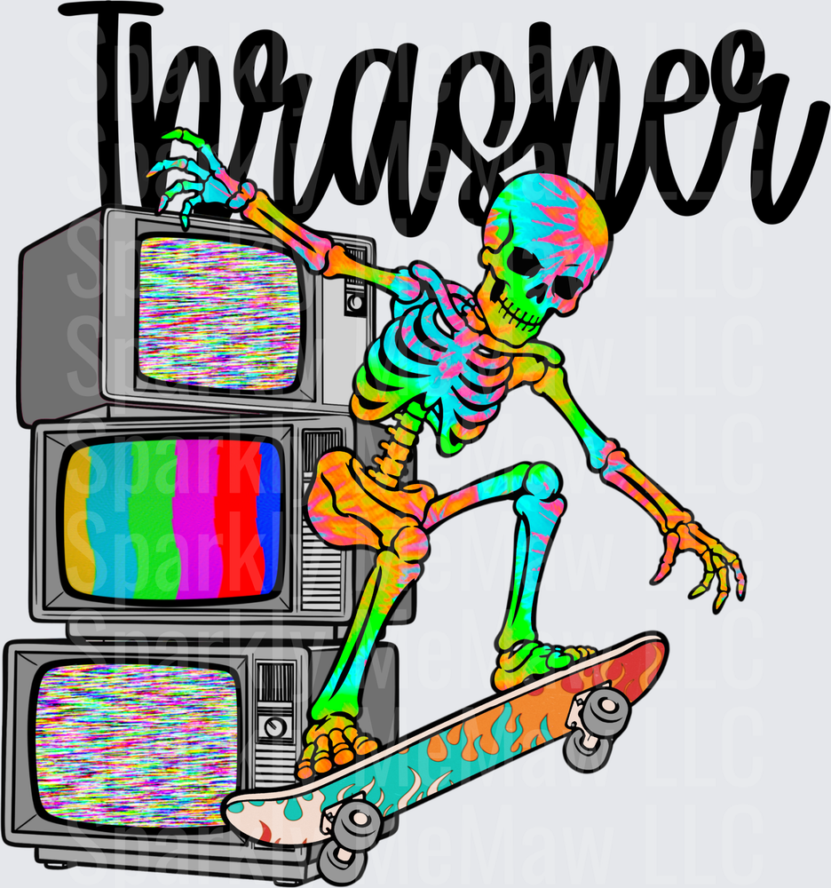 Psychedelic Rainbow Skeleton Skateboarding on Vintage TV Stack Thrasher Style DTF Transfer for Fabric
