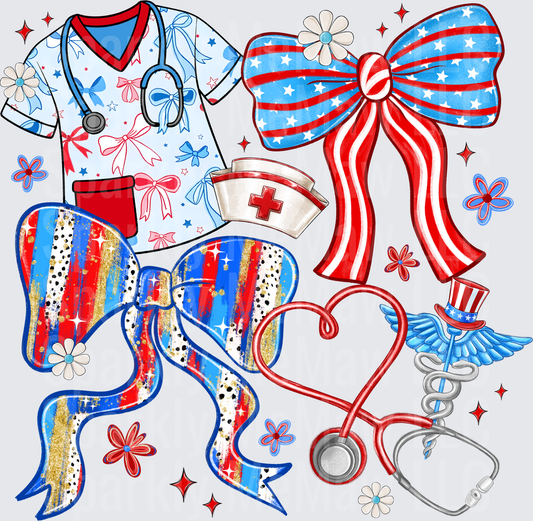 Patriotic Nurse Fourth of July UV DTF Decal featuring scrubs with stethoscope, nurse cap, heart stethoscope, caduceus with wings, American flag bows, red white and blue coquette ribbons, stars and sparkles floral accents