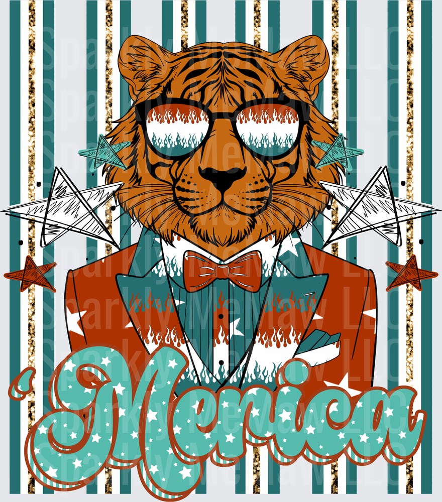 Dapper Tiger in Sunglasses and Bow Tie America Patriotic Stars Design UV DTF Decal