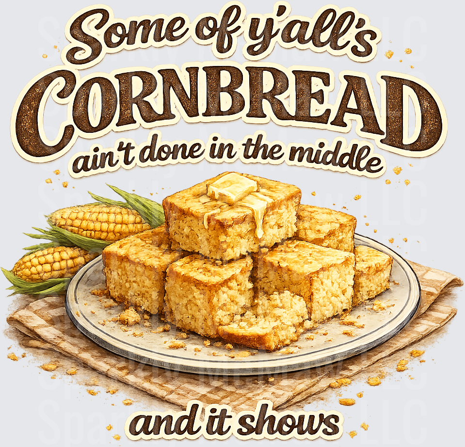 Some of Y'all's Cornbread Ain't Done In The Middle And It Shows Southern Humor Saying With Buttered Cornbread Stack DTF Transfer for Fabrics