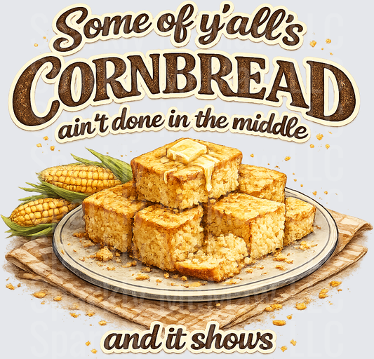 Some of Y'all's Cornbread Ain't Done In The Middle And It Shows Southern Humor Saying With Buttered Cornbread Stack DTF Transfer for Fabrics