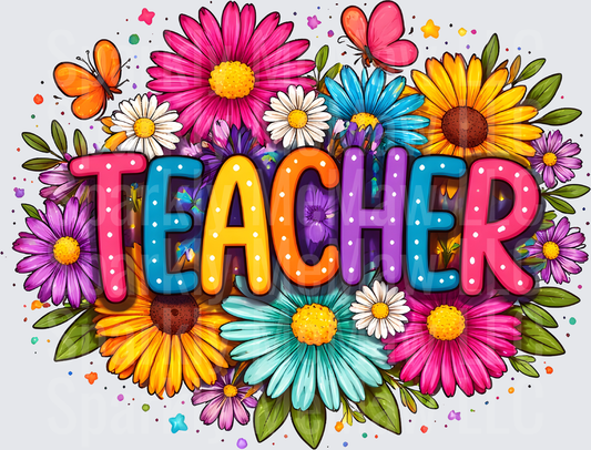 Colorful TEACHER Text with Bright Flowers and Butterflies UV DTF Decal
