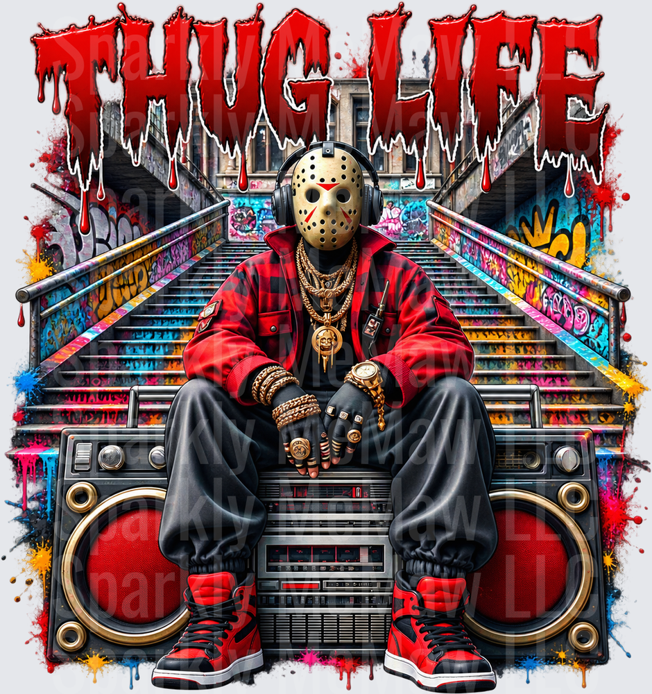 Thug Life Jason Voorhees Hip Hop Boombox Urban Graffiti Stairs Gold Chain Headphones Horror Mashup is a UV DTF Decal