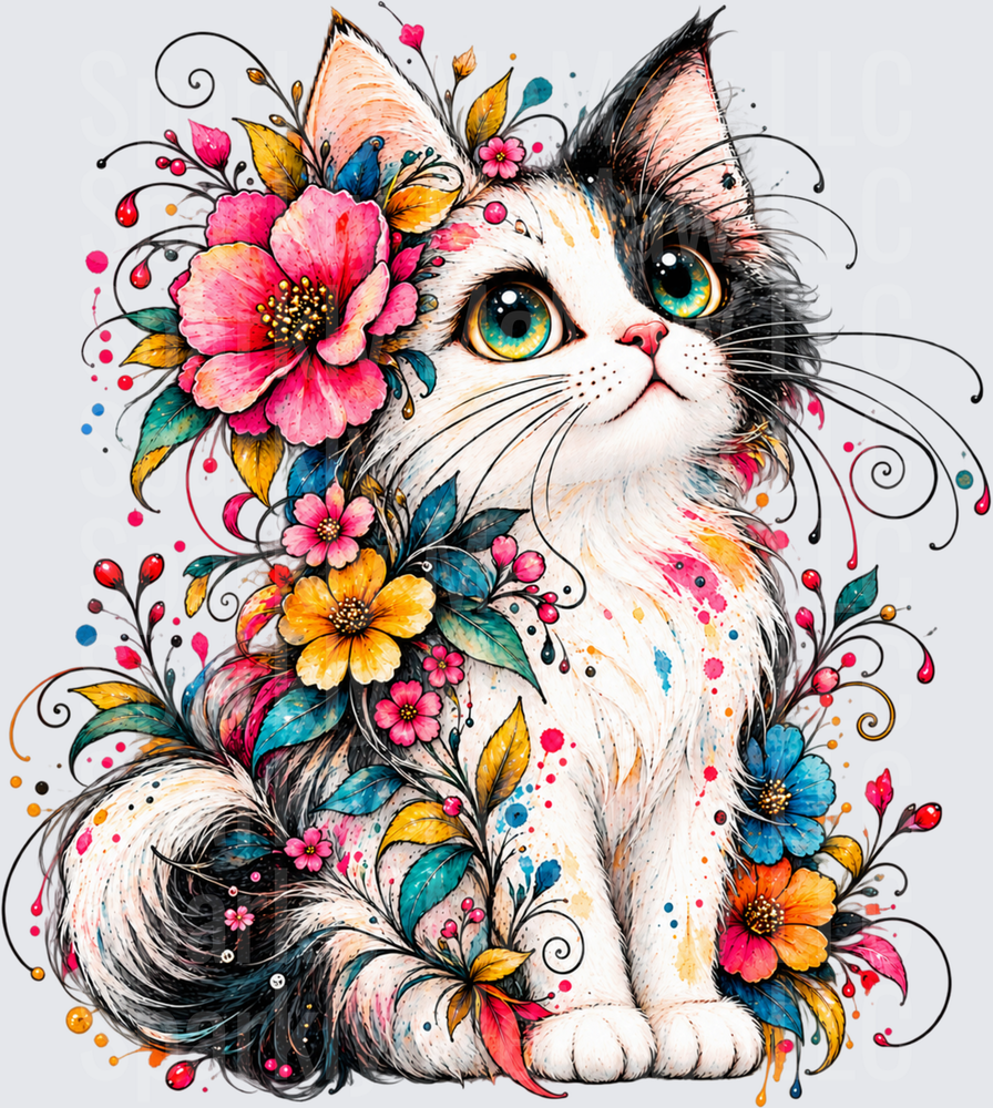 Floral Boho Cat UV DTF DECAL (HARD SMOOTH SURFACE)