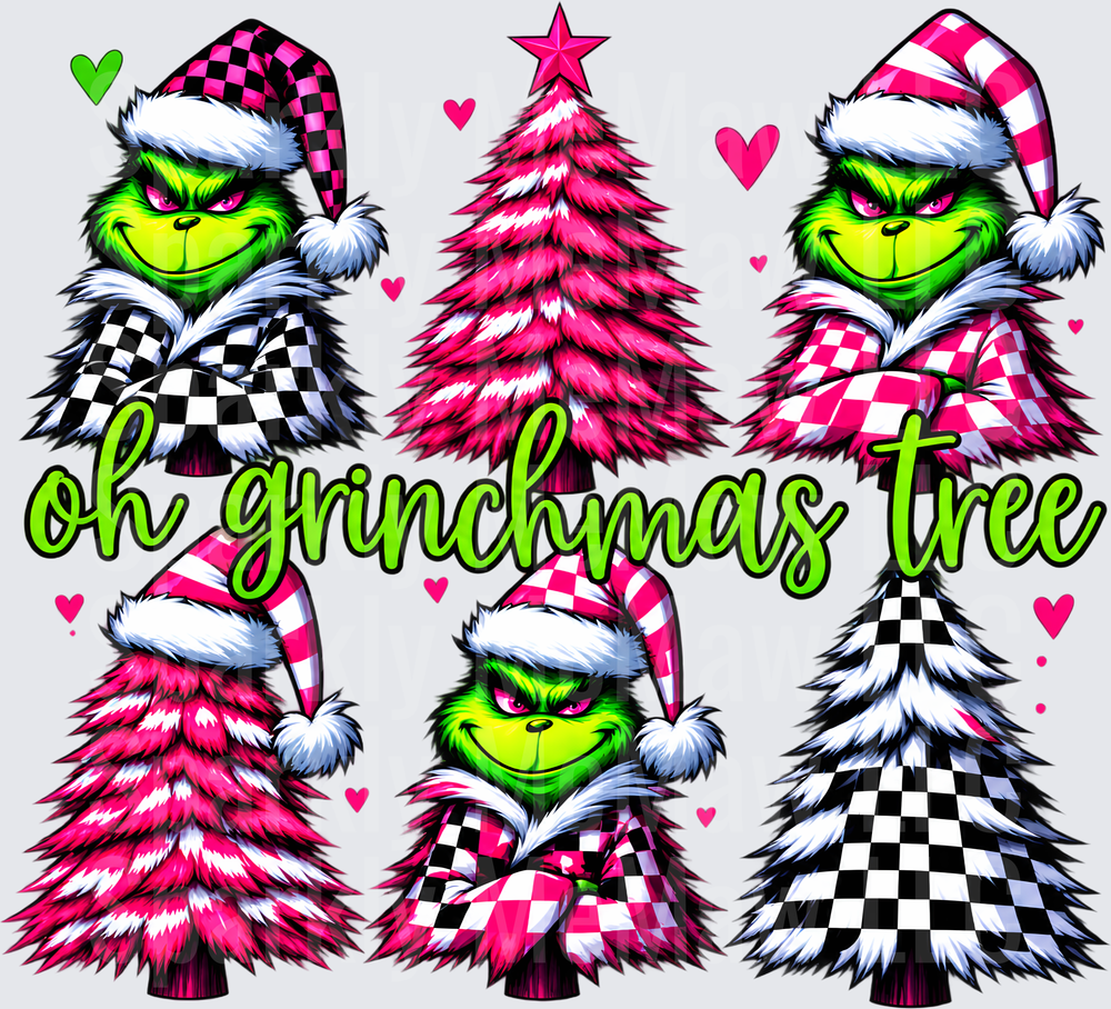 Oh Grinchmas Tree Pink Checkered UV DTF Decal