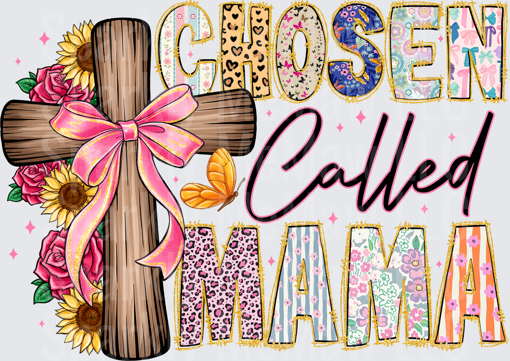 Chosen Called Mama Cross Sunflowers Pink Bow Leopard Print DTF Transfer for Fabric
