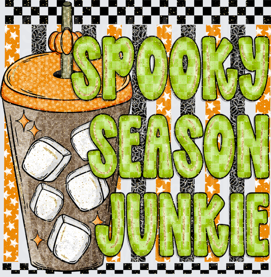 Spooky Season Junkie Halloween Iced Coffee Pumpkin Retro Checkered DTF Transfer