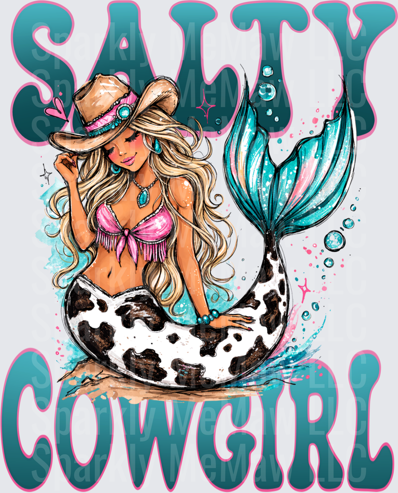 Salty Cowgirl Mermaid with Cowboy Hat and Cow Print Tail UV DTF Decal