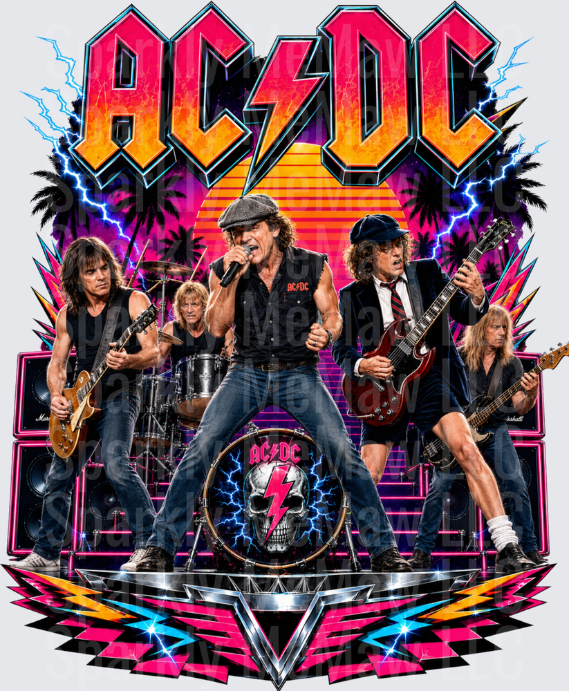 AC/DC Band Performance with Retro 80s Synthwave Lightning and Palm Trees DTF Transfer for Fabric