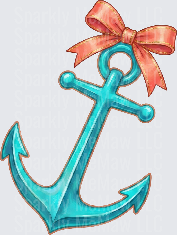 Turquoise Anchor with Pink Ribbon Bow UV DTF Decal