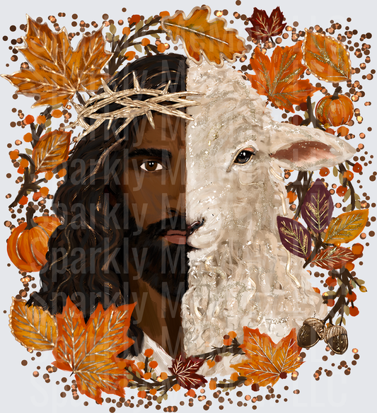 Jesus Christ Crown of Thorns Lamb of God Split Face Autumn Fall Leaves Pumpkins Acorns DTF Transfer (Fabrics)