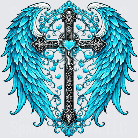 Turquoise Angel Wings Cross UV DTF Decal