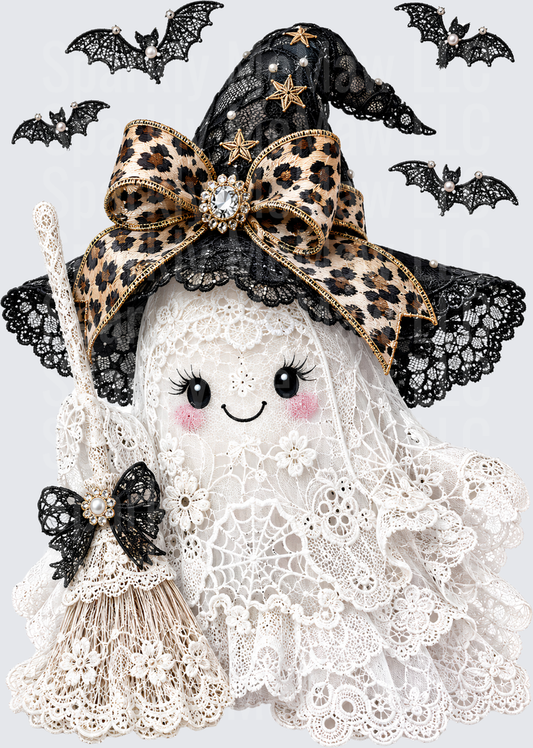 Cute Lace Ghost Witch with Leopard Print Hat Broom and Bats UV DTF Decal
