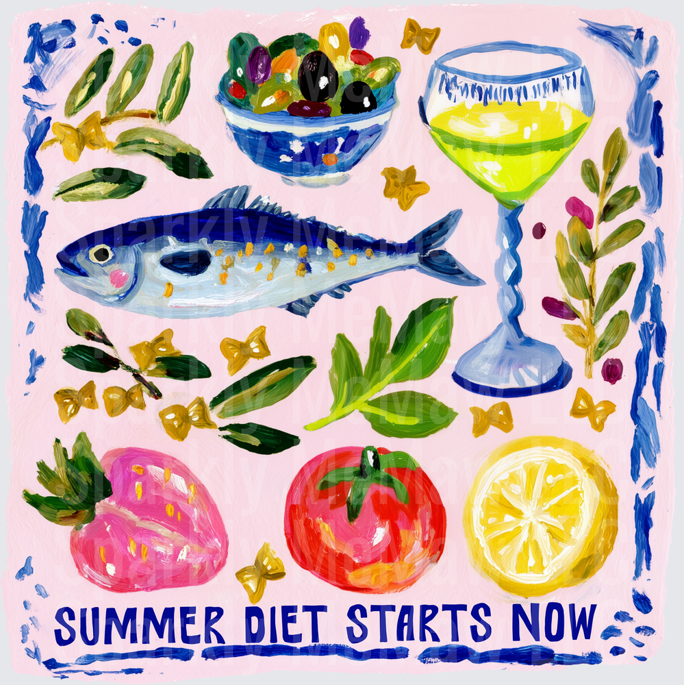 Summer Diet Starts Now DTF Transfer Mediterranean Food Illustration with Fish Olives Cocktail and Fresh Produce