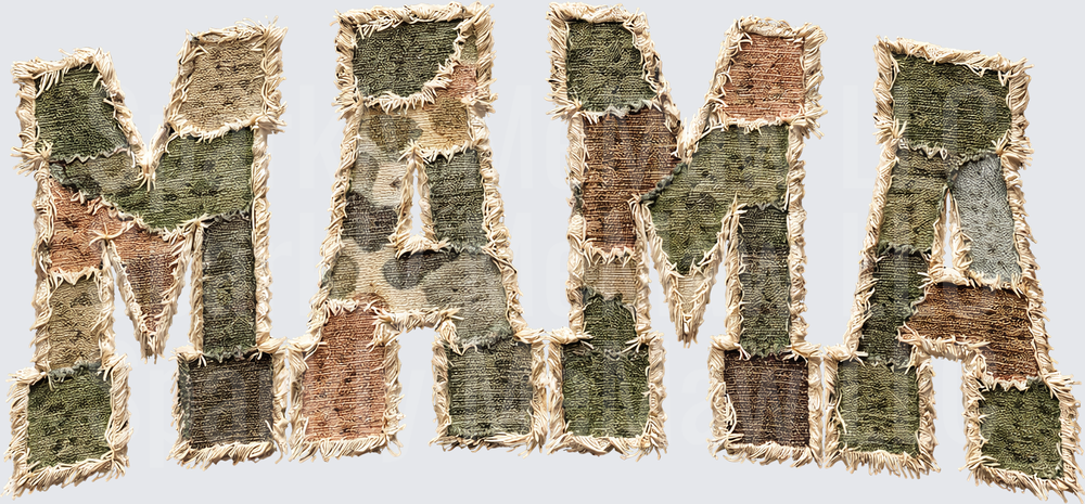 Frayed Patchwork MAMA Letters in Earth Tone Camouflage Fabric Style UV DTF Decal