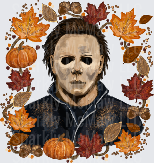Michael Myers Halloween Fall Autumn Wreath with Pumpkins Leaves and Acorns DTF Transfer (fabrics)