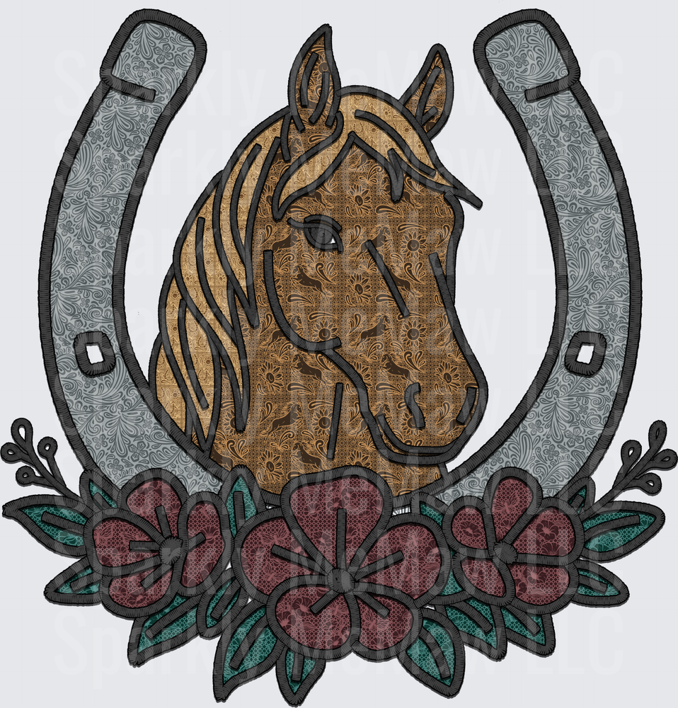 Western Horse Head in Horseshoe with Floral Border DTF Transfer for Fabric