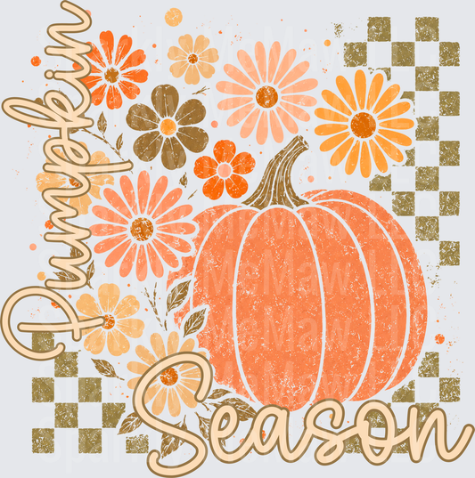 Fall Pumpkin Season Retro Floral Design with Gingham Pattern UV DTF Decal