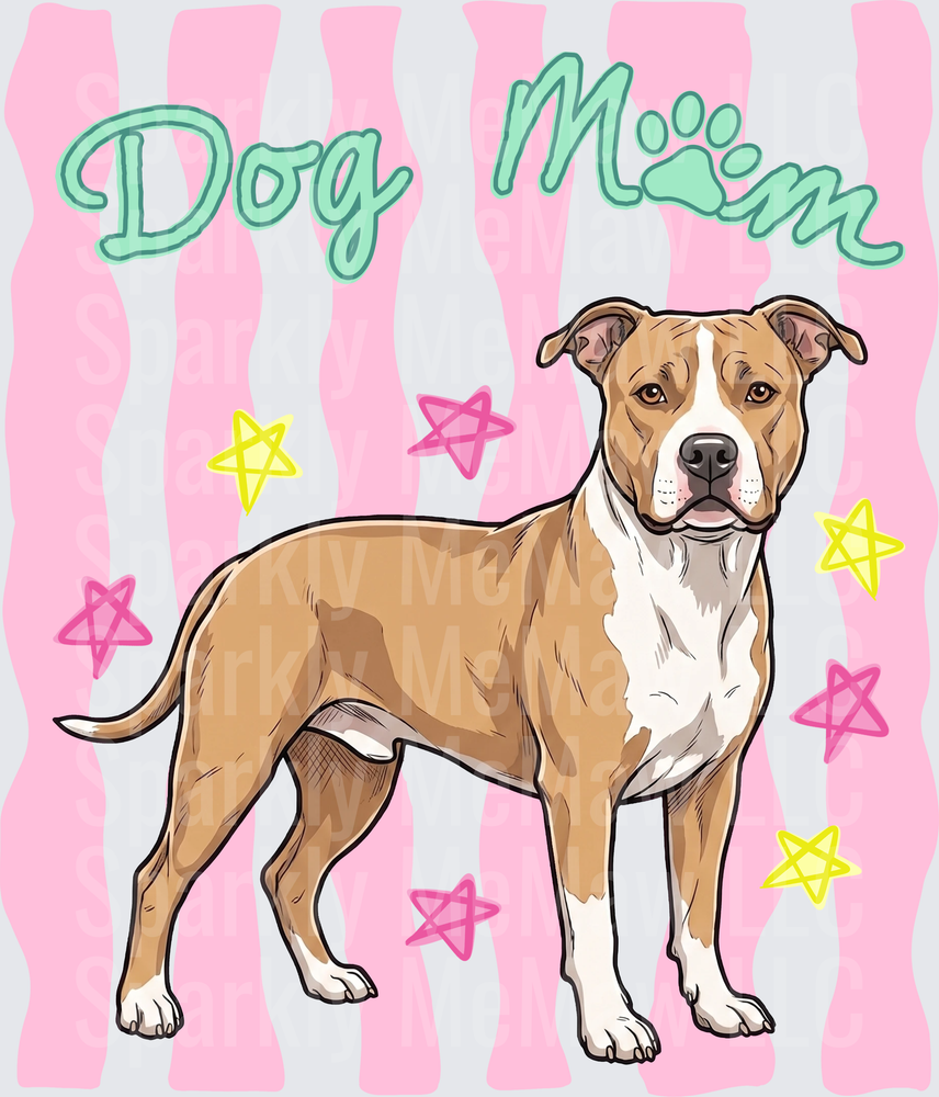 Dog Mom Pit Bull with Paw Print on Pink Striped Background with Stars UV DTF Decal
