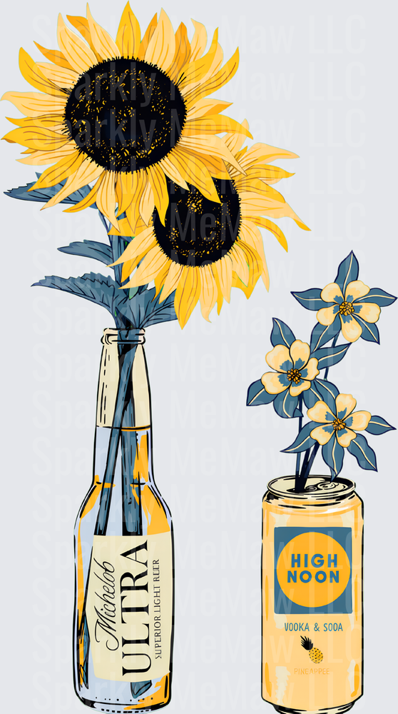 Michelob Ultra Beer Bottle with Sunflowers and High Noon Pineapple Can with Blue Flowers UV DTF Decal