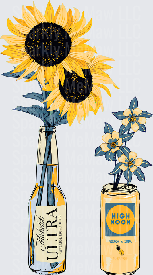 Michelob Ultra Beer Bottle with Sunflowers and High Noon Pineapple Can with Blue Flowers UV DTF Decal