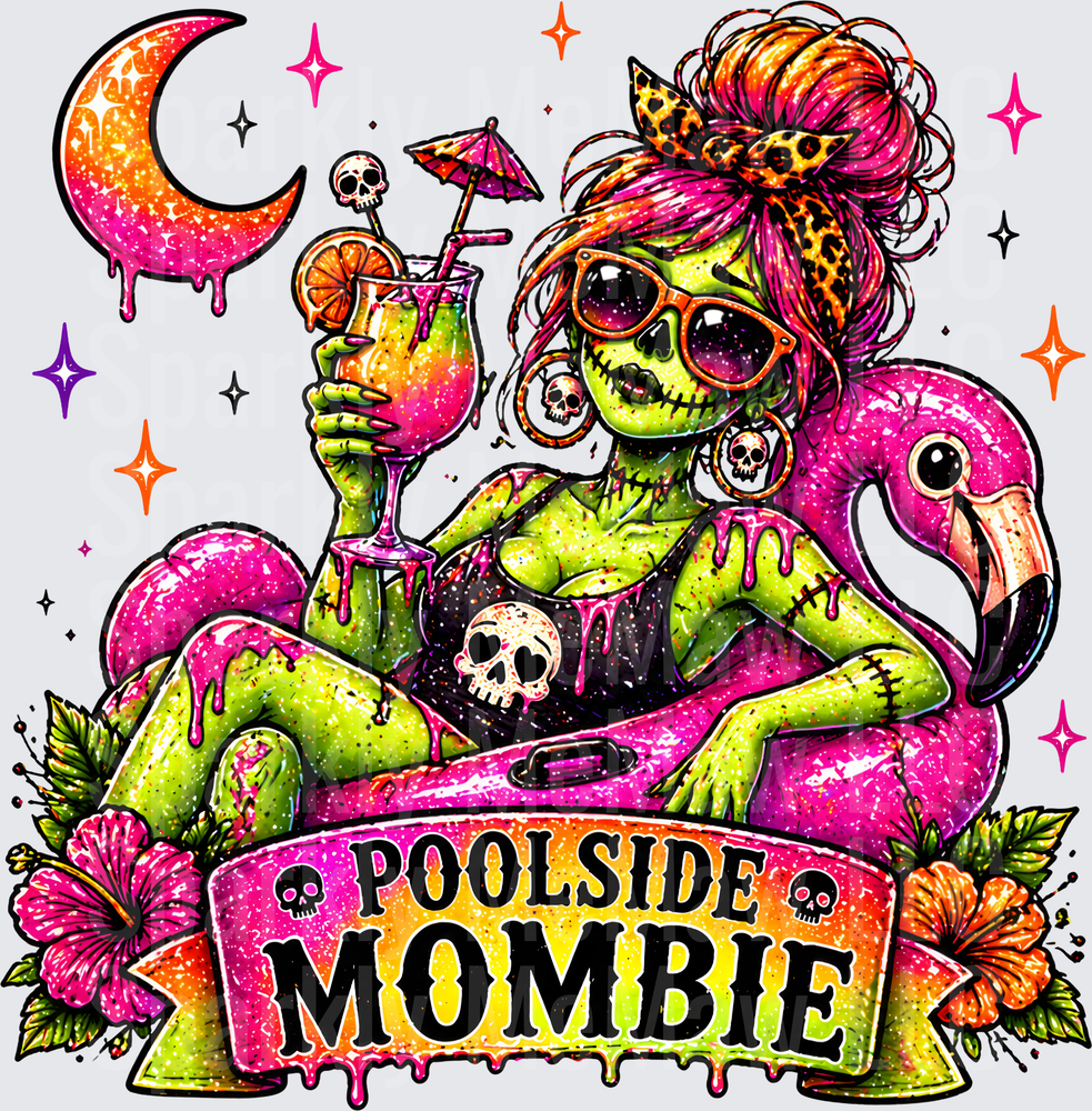 Poolside Mombie Zombie Mom with Tropical Drink and Flamingo Float UV DTF Decal