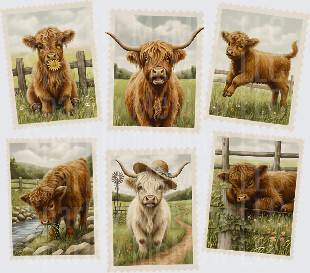Highland Cow Farm Postage Stamp Collection with Baby Calves and Wildflowers