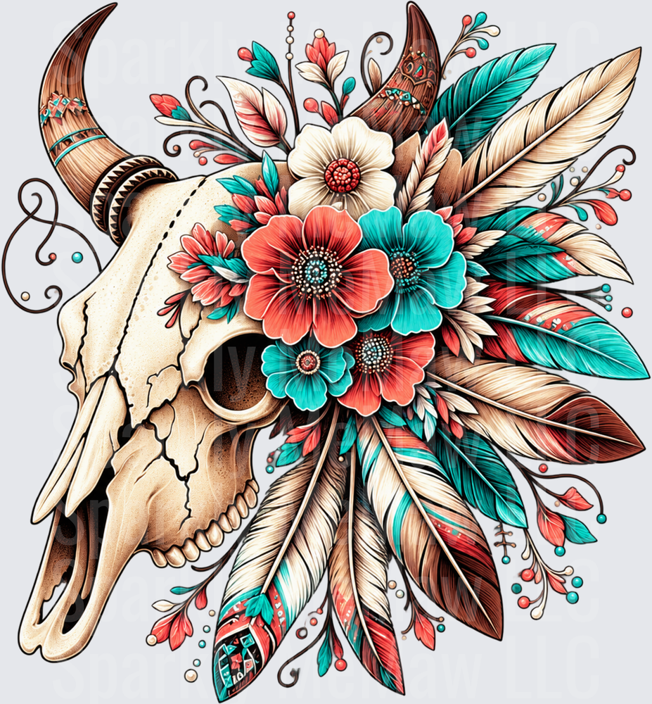 Boho Bull Skull Floral Feathers DTF Transfer for Fabrics