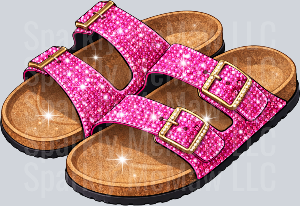 Pink Glitter Birkenstock Sandals with Gold Buckles UV DTF Decal