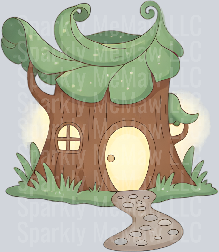 Whimsical Tree House with Glowing Door and Stone Path UV DTF Decal