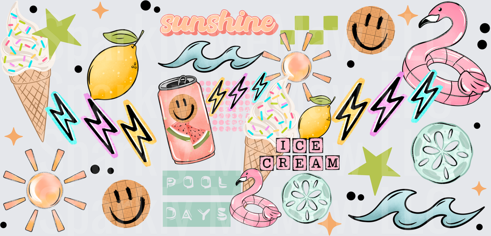 Sunshine Summer Vibes Pattern with Flamingo Ice Cream Lightning Bolts Pool Days 16 oz uv dtf wrap