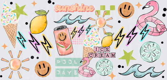 Sunshine Summer Vibes Pattern with Flamingo Ice Cream Lightning Bolts Pool Days 16 oz uv dtf wrap
